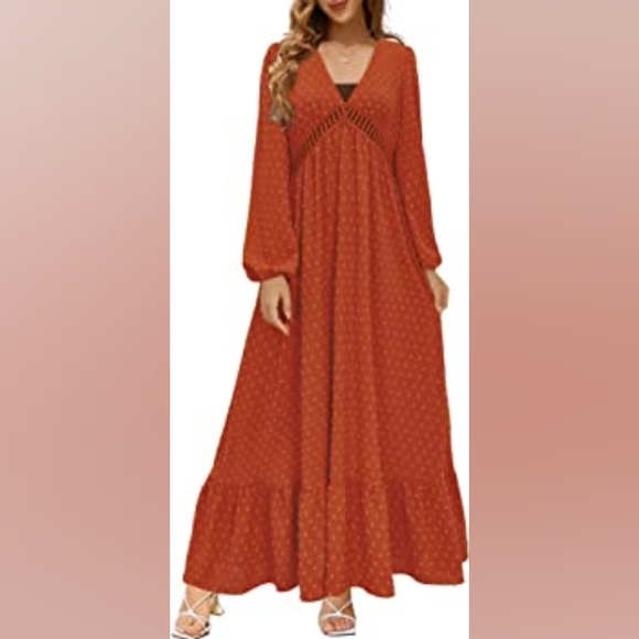 Maxi Dress With Peak-a-boo Women's Long-sleeved Formal Dress Color Orange - Picture 2 of 6
